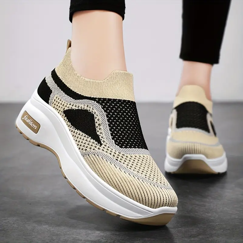 Damen Atmungsaktive Fliegende Gewebte Plateau 运动鞋、Lässige Slip-On-Outdoorschuhe、Bequeme Niedrig-Top-Schuhe 5