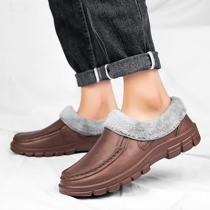 🔥Hot Sale🎁--50% OFF🎉Men's Black Faux Leather Slip-on Shoes with Fur Lining - Warm and Comfortable for Winter