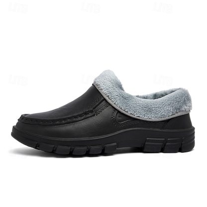 🔥Hot Sale🎁--50% OFF🎉Men's Black Faux Leather Slip-on Shoes with Fur Lining - Warm and Comfortable for Winter