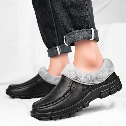 🔥Hot Sale🎁--50% OFF🎉Men's Black Faux Leather Slip-on Shoes with Fur Lining - Warm and Comfortable for Winter