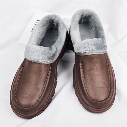 🔥Hot Sale🎁--50% OFF🎉Men's Black Faux Leather Slip-on Shoes with Fur Lining - Warm and Comfortable for Winter