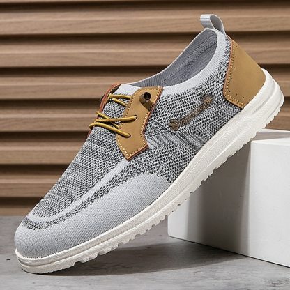 🔥Limited Time Offer 70% OFF🔥Men's Grey Knit Sport Shoes with Leather Accents and Lace-Up Design – Comfortable Casual & Outdoor Footwear