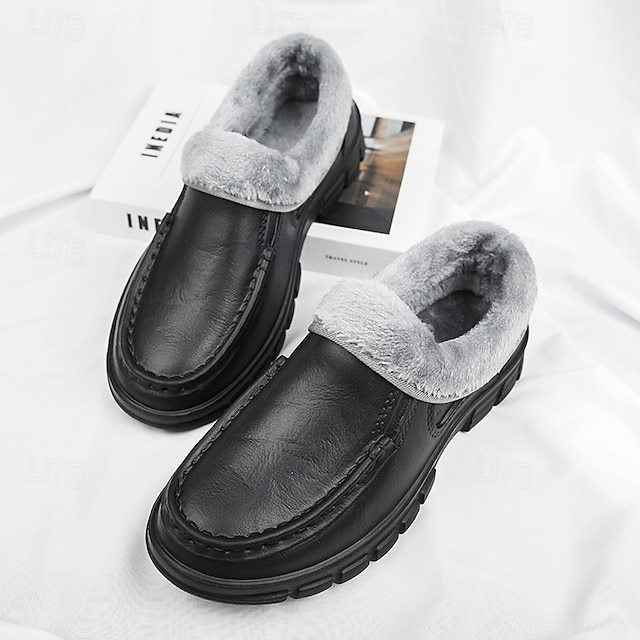 🔥Hot Sale🎁--50% OFF🎉Men's Black Faux Leather Slip-on Shoes with Fur Lining - Warm and Comfortable for Winter