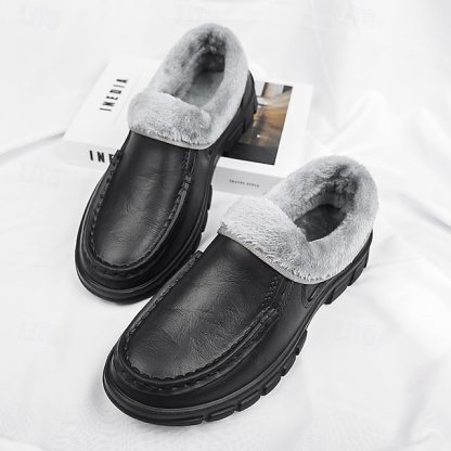 🔥Hot Sale🎁--50% OFF🎉Men's Black Faux Leather Slip-on Shoes with Fur Lining - Warm and Comfortable for Winter