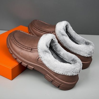 🔥Hot Sale🎁--50% OFF🎉Men's Black Faux Leather Slip-on Shoes with Fur Lining - Warm and Comfortable for Winter