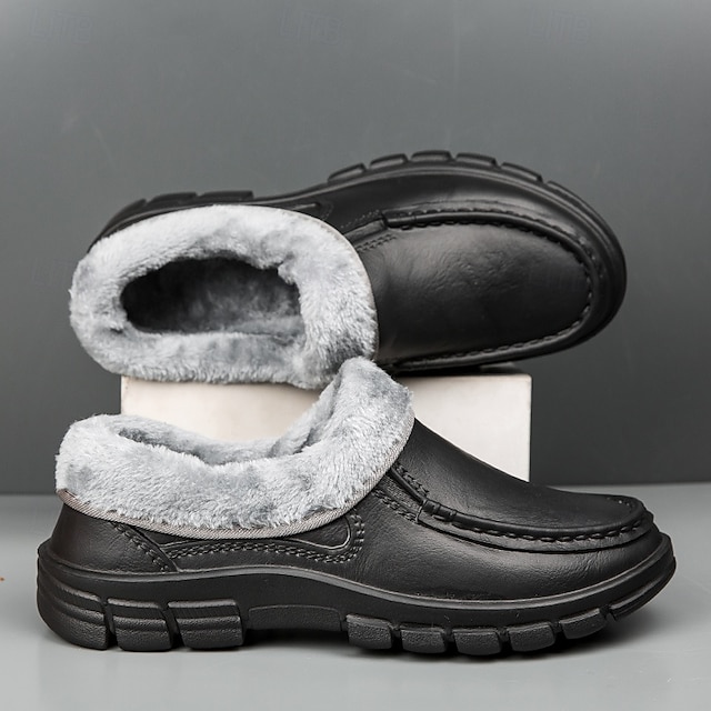 🔥Hot Sale🎁--50% OFF🎉Men's Black Faux Leather Slip-on Shoes with Fur Lining - Warm and Comfortable for Winter