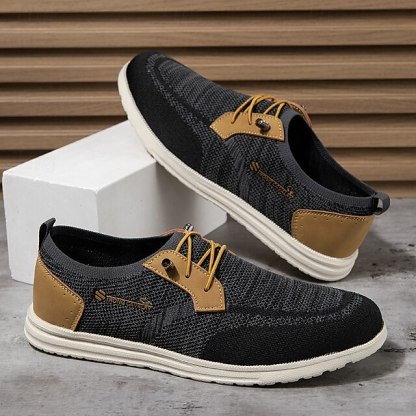 🔥Limited Time Offer 70% OFF🔥Men's Grey Knit Sport Shoes with Leather Accents and Lace-Up Design – Comfortable Casual & Outdoor Footwear