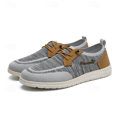 🔥Limited Time Offer 70% OFF🔥Men's Grey Knit Sport Shoes with Leather Accents and Lace-Up Design – Comfortable Casual & Outdoor Footwear