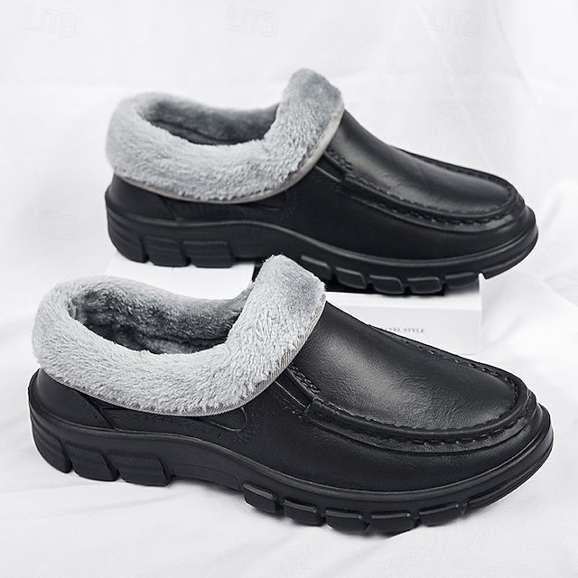 🔥Hot Sale🎁--50% OFF🎉Men's Black Faux Leather Slip-on Shoes with Fur Lining - Warm and Comfortable for Winter