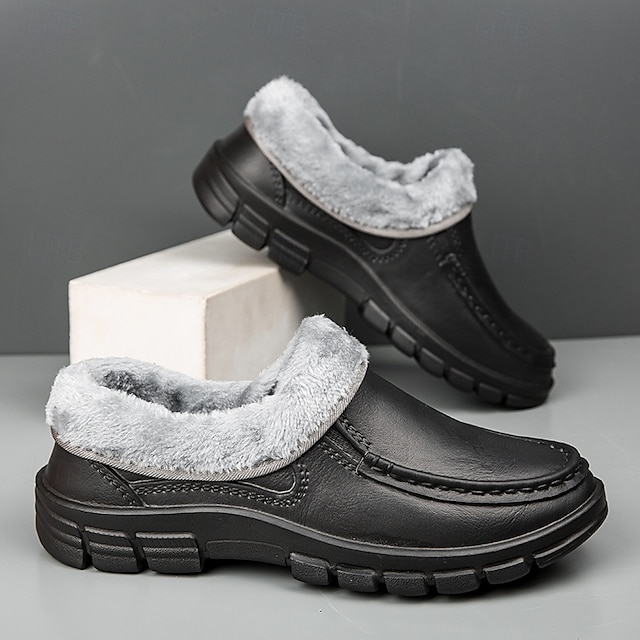 🔥Hot Sale🎁--50% OFF🎉Men's Black Faux Leather Slip-on Shoes with Fur Lining - Warm and Comfortable for Winter