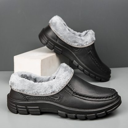 🔥Hot Sale🎁--50% OFF🎉Men's Black Faux Leather Slip-on Shoes with Fur Lining - Warm and Comfortable for Winter