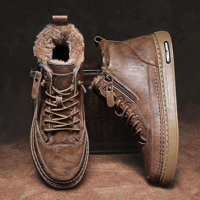 🔥Limited Time Offer 50% OFF🔥Men's Brown Fur-Lined Winter Boots - Warm, Waterproof Shoes with Zipper Closure for Outdoor Adventures