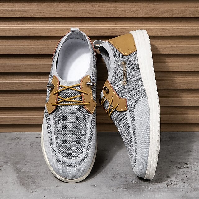 🔥Limited Time Offer 70% OFF🔥Men's Grey Knit Sport Shoes with Leather Accents and Lace-Up Design – Comfortable Casual & Outdoor Footwear