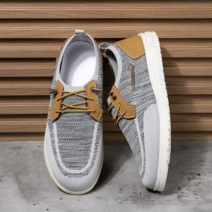 🔥Limited Time Offer 70% OFF🔥Men's Grey Knit Sport Shoes with Leather Accents and Lace-Up Design – Comfortable Casual & Outdoor Footwear