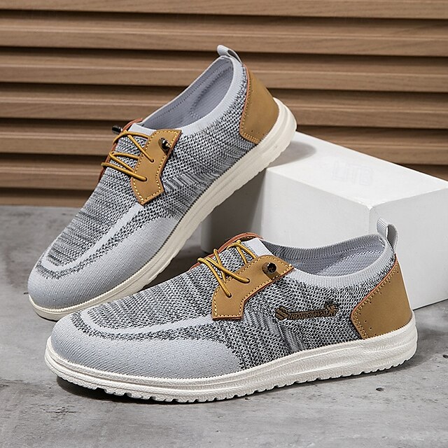 🔥Limited Time Offer 70% OFF🔥Men's Grey Knit Sport Shoes with Leather Accents and Lace-Up Design – Comfortable Casual & Outdoor Footwear