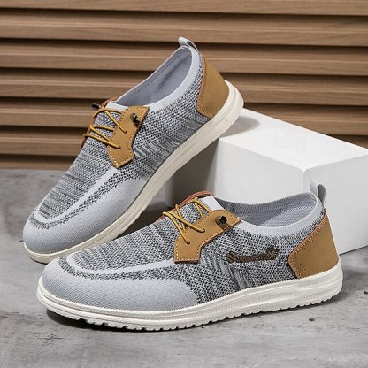 🔥Limited Time Offer 70% OFF🔥Men's Grey Knit Sport Shoes with Leather Accents and Lace-Up Design – Comfortable Casual & Outdoor Footwear