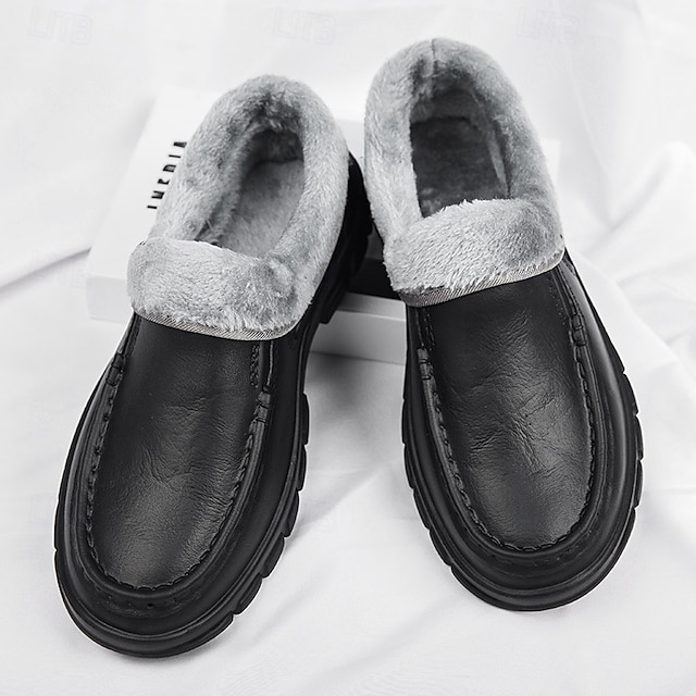 🔥Hot Sale🎁--50% OFF🎉Men's Black Faux Leather Slip-on Shoes with Fur Lining - Warm and Comfortable for Winter