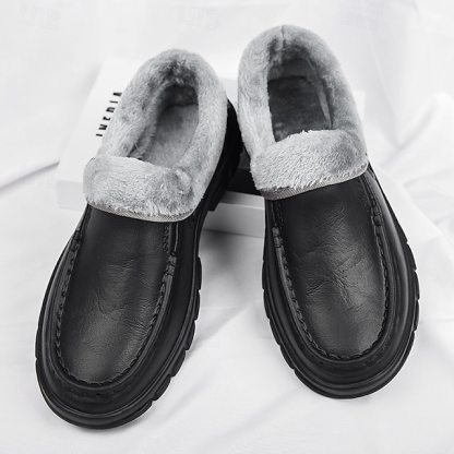 🔥Hot Sale🎁--50% OFF🎉Men's Black Faux Leather Slip-on Shoes with Fur Lining - Warm and Comfortable for Winter