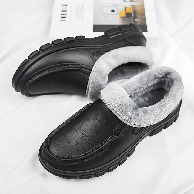🔥Hot Sale🎁--50% OFF🎉Men's Black Faux Leather Slip-on Shoes with Fur Lining - Warm and Comfortable for Winter