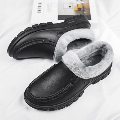 🔥Hot Sale🎁--50% OFF🎉Men's Black Faux Leather Slip-on Shoes with Fur Lining - Warm and Comfortable for Winter