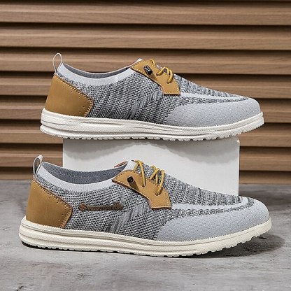 🔥Limited Time Offer 70% OFF🔥Men's Grey Knit Sport Shoes with Leather Accents and Lace-Up Design – Comfortable Casual & Outdoor Footwear