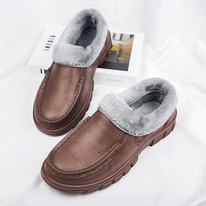 🔥Hot Sale🎁--50% OFF🎉Men's Black Faux Leather Slip-on Shoes with Fur Lining - Warm and Comfortable for Winter