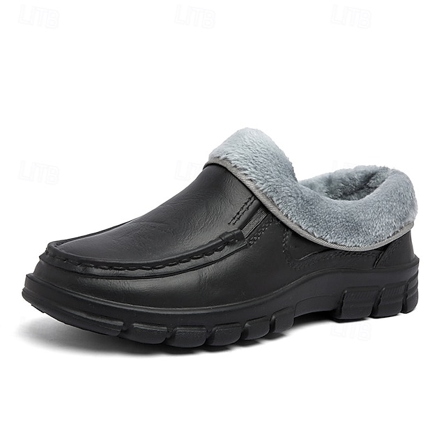 🔥Hot Sale🎁--50% OFF🎉Men's Black Faux Leather Slip-on Shoes with Fur Lining - Warm and Comfortable for Winter