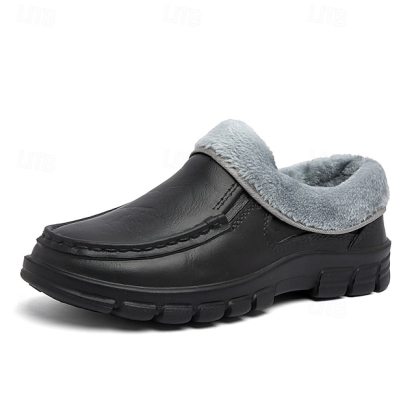 🔥Hot Sale🎁--50% OFF🎉Men's Black Faux Leather Slip-on Shoes with Fur Lining - Warm and Comfortable for Winter