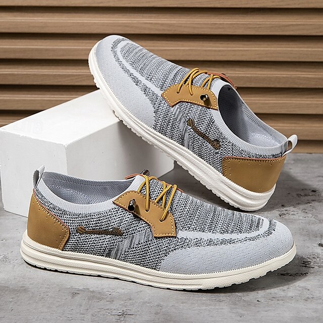 🔥Limited Time Offer 70% OFF🔥Men's Grey Knit Sport Shoes with Leather Accents and Lace-Up Design – Comfortable Casual & Outdoor Footwear