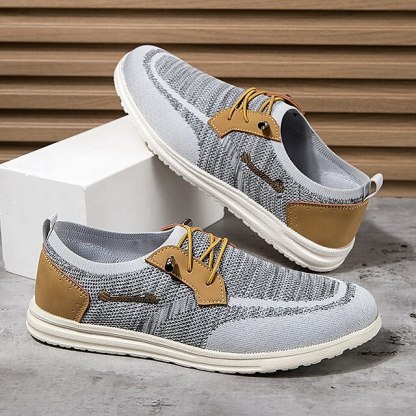 🔥Limited Time Offer 70% OFF🔥Men's Grey Knit Sport Shoes with Leather Accents and Lace-Up Design – Comfortable Casual & Outdoor Footwear