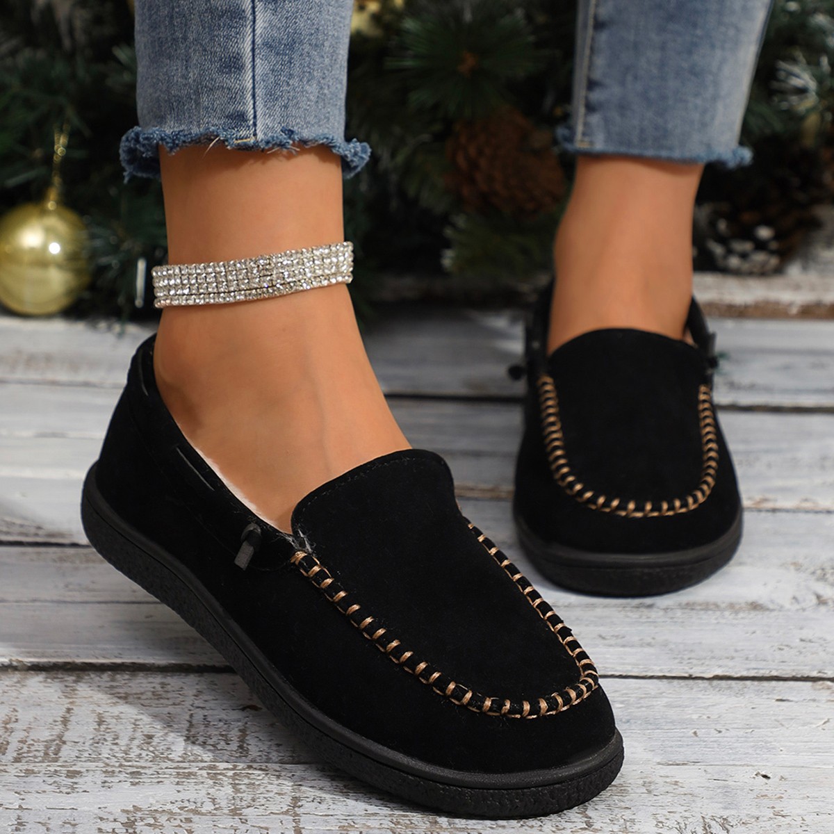 ??Last Day 60% OFF?? Women's Thick Plush Winter Warm Low Heel Fur Lined Slip-On Casual Shoes Warm Shoes
