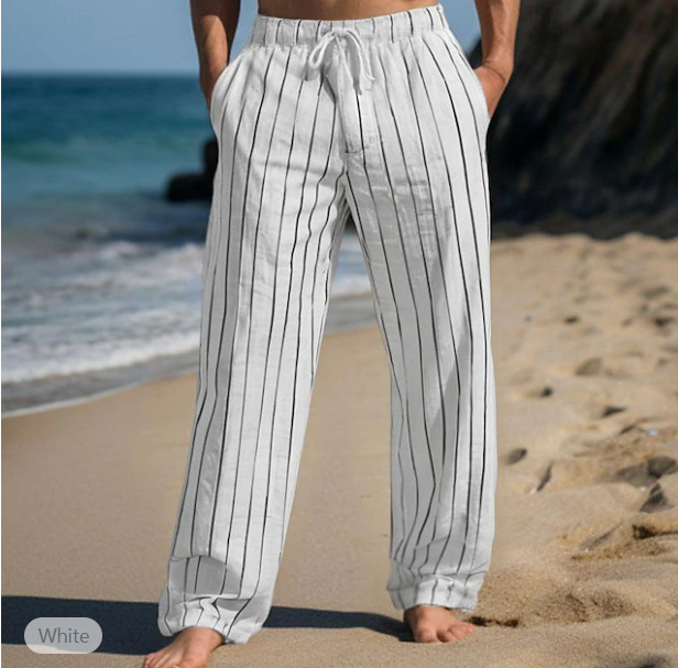 Men's Linen Pants Trousers Summer Pants Beach Pants Drawstring Elastic Waist Straight Leg Stripe Comfort Breathable Full Length Casual Daily Holiday Vacation Fashion Black White