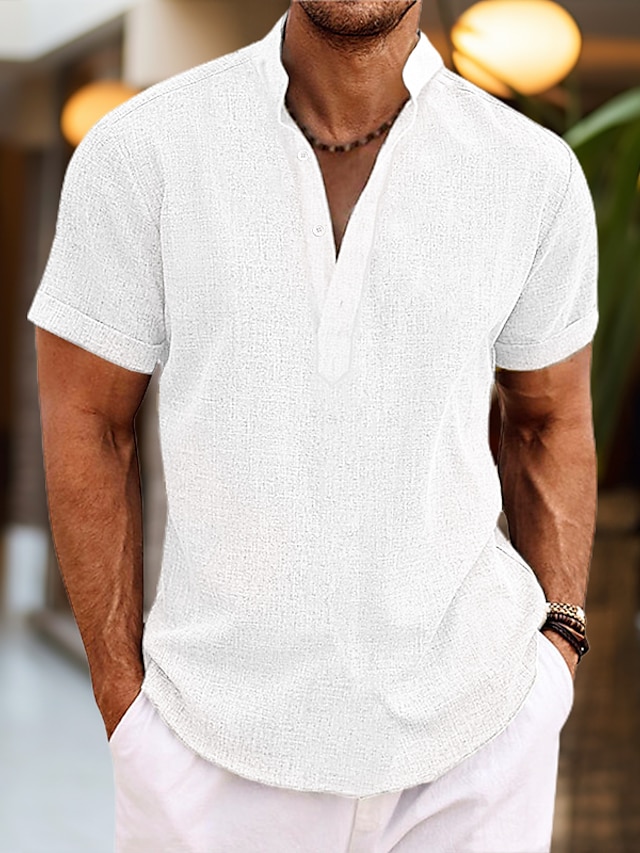 Men's Shirt Linen Shirt Popover Shirt Summer Shirt Beach Wear Band Collar Shirt Black White Pink Green Short Sleeve Plain Henley Summer Casual Daily Clothing Apparel