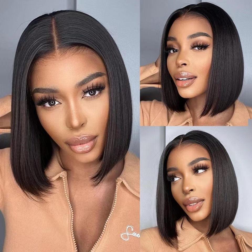 dododos Fashionable medium-parted short straight hair internet celebrity bob short fluffy natural wig full lace front wig