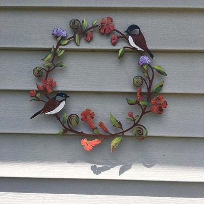 Chickadees & Flowers Wreath Wall Art | Hand Painted