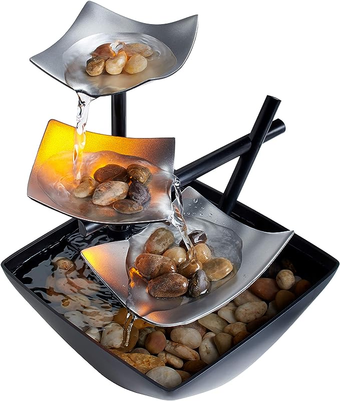 POTIWELL Tabletop Fountain, Home Decor Soothing Sound Machine - Automatic Pump, Deep Basin and Natural River Rocks.