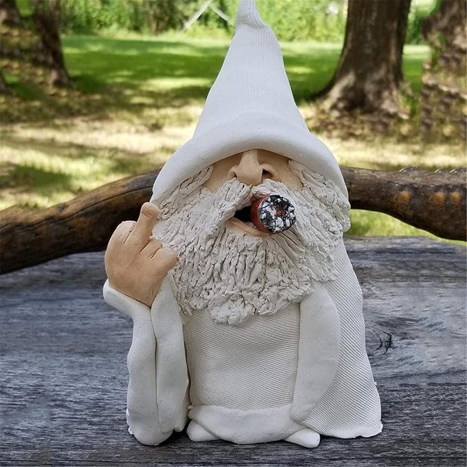 White Wizard Gnome Middle Finger Garden Yard Lawn Ornament Statue Decor