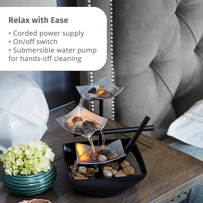 POTIWELL Tabletop Fountain, Home Decor Soothing Sound Machine - Automatic Pump, Deep Basin and Natural River Rocks.