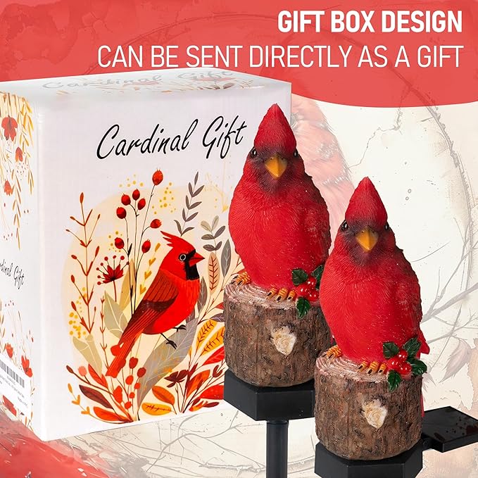 (2 Pack 22.5 in)Christmas Cardinal Solar Lights | Winter Garden Decor