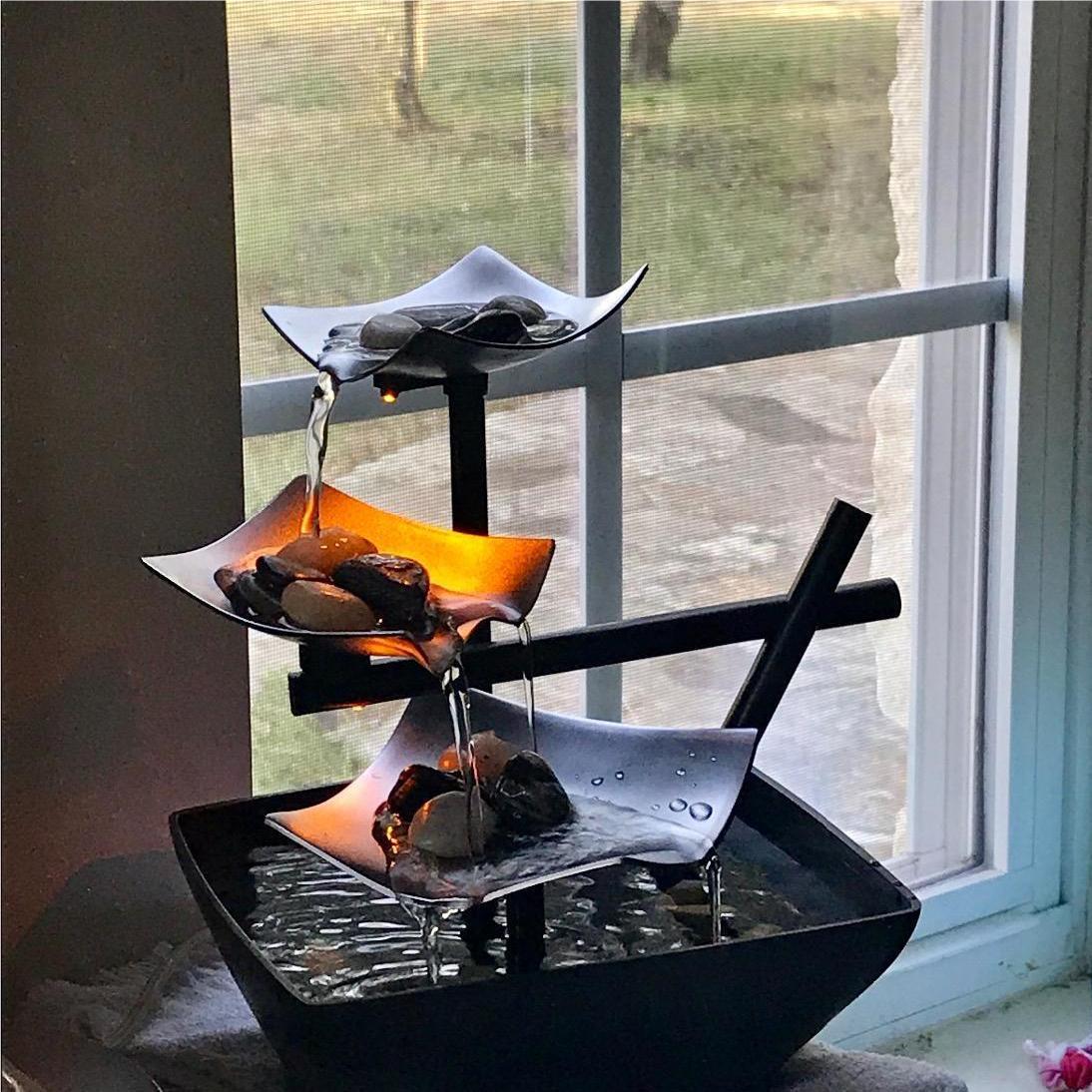 POTIWELL Tabletop Fountain, Home Decor Soothing Sound Machine - Automatic Pump, Deep Basin and Natural River Rocks.