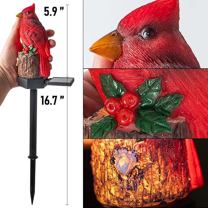 (2 Pack 22.5 in)Christmas Cardinal Solar Lights | Winter Garden Decor