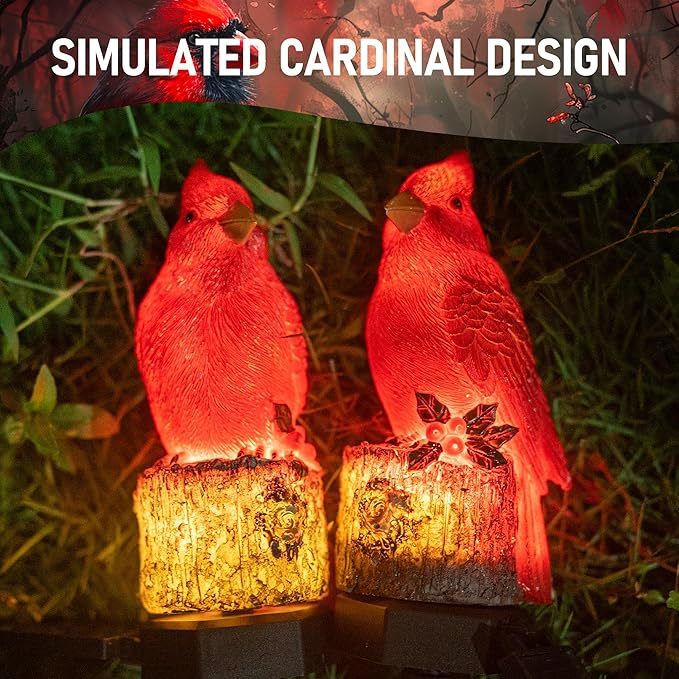 (2 Pack 22.5 in)Christmas Cardinal Solar Lights | Winter Garden Decor