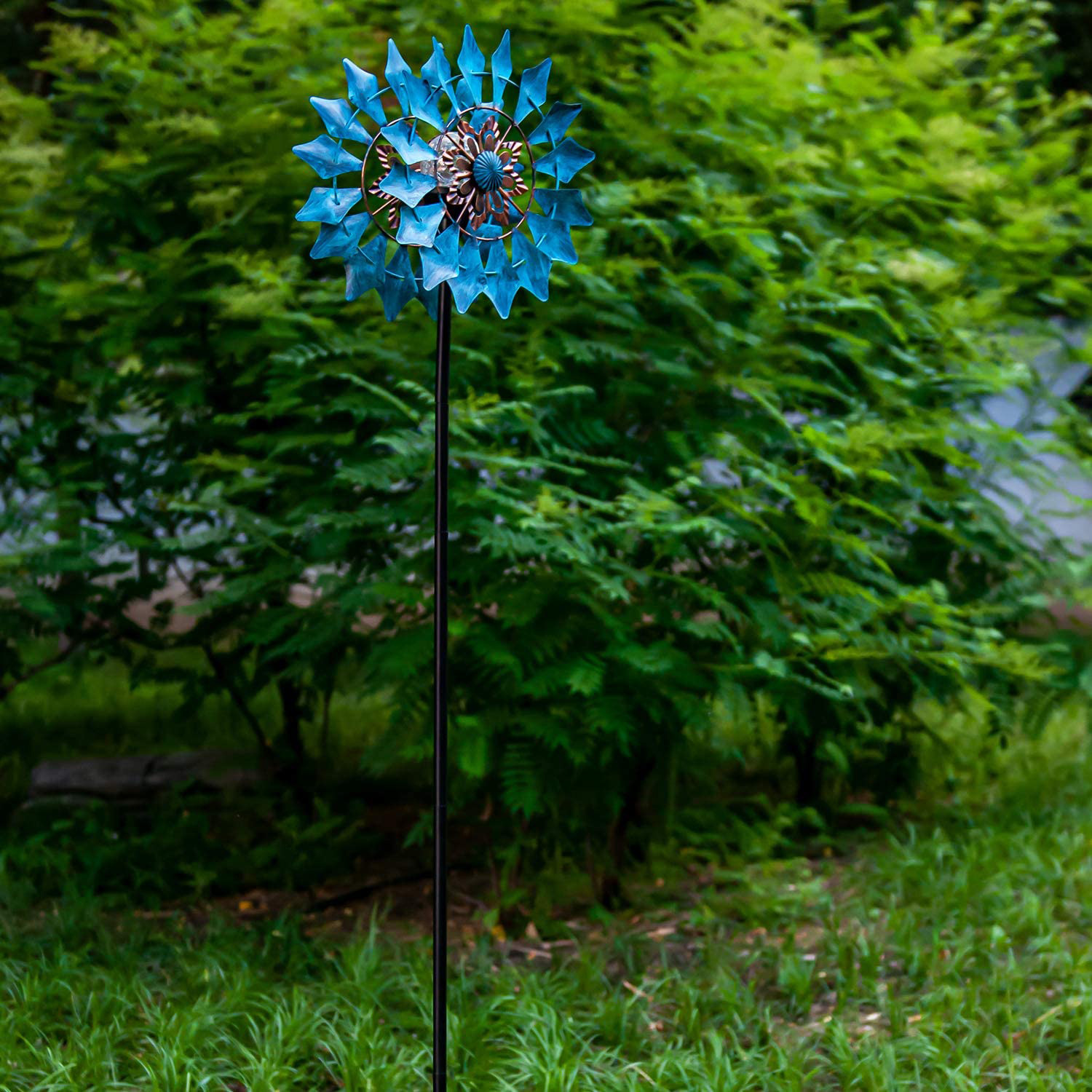 Solar Powered Metal Windmill - Sky Blue with LED Lights - Perfect for Summer