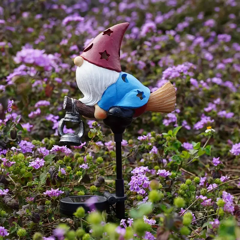 Gnome Statue on a Broom | Solar Light