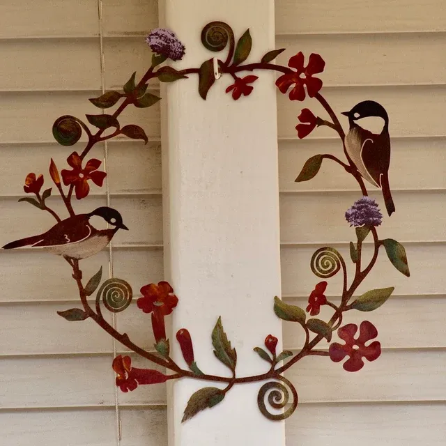 Chickadees & Flowers Wreath Wall Art | Hand Painted （15.75 inches in diameter）