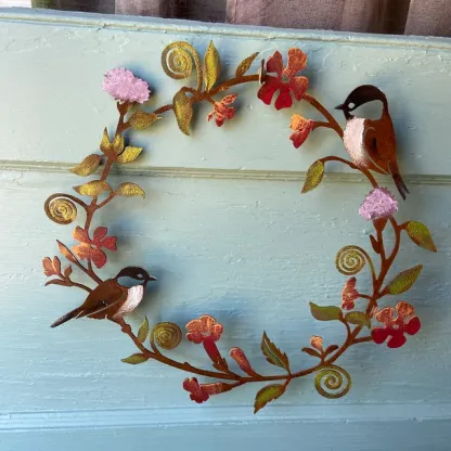 Chickadees & Flowers Wreath Wall Art | Hand Painted （15.75 inches in diameter）