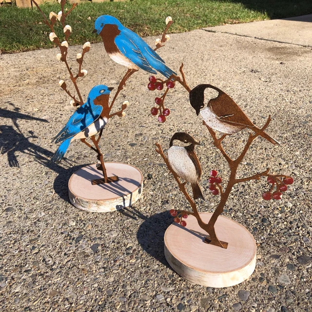 Metal Hand Painted Bluebirds on Spring Willow Garden Art | Bluebirds Silhouette