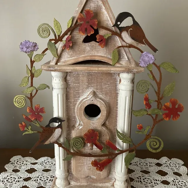 Chickadees & Flowers Wreath Wall Art | Hand Painted | Rusted Metal Yard Art