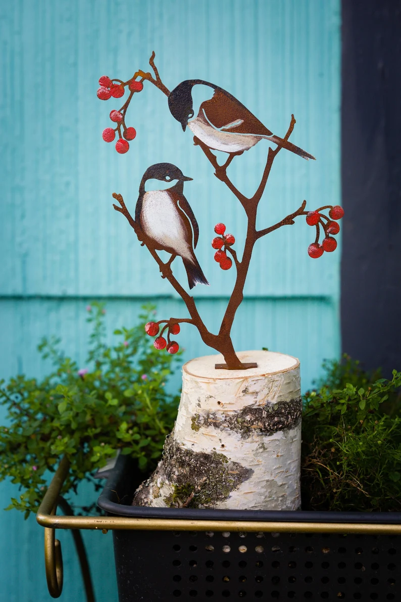 Metal Hand Painted Chickadees and Berries Garden Art | Black-Capped Chickadee Silhouette