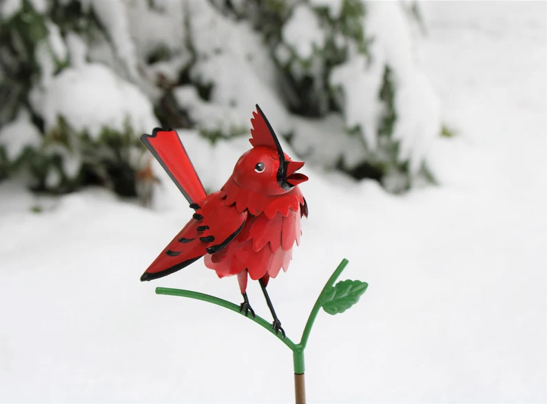 Goldfinch, Cardinal, Western Bluebird, Ruby-throated Hummingbird on a garden stake